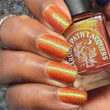 Load image into Gallery viewer, Red holographic microglitter and blue/green shifting shimmer accent a burnt orange jelly base.