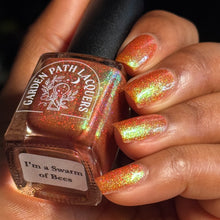 Load image into Gallery viewer, Red holographic microglitter and blue/green shifting shimmer accent a burnt orange jelly base.